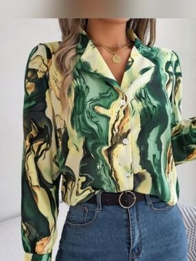 Harmony In Nature Green Yellow Marble Print Button Down Long Sleeve Blouse Large